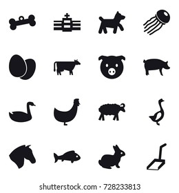 16 vector icon set : bone, dog, jellyfish, cow, pig, goose, chicken, sheep, horse, fish, rabbit, scoop