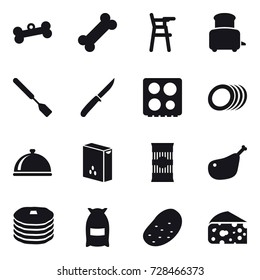 16 vector icon set : bone, Chair for babies, toaster, spatula, knife, flour, potato, cheese