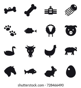 16 vector icon set : bone, jellyfish, pets, sheep, pig, goose, cow, chicken, horse, fish, rabbit, egg