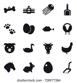 16 vector icon set : bone, jellyfish, scoop, pets, sheep, pig, goose, cow, chicken, horse, rabbit, egg