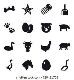 16 vector icon set : bone, starfish, jellyfish, scoop, pets, pig, goose, cow, chicken, sheep, horse, egg