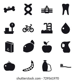 16 vector icon set : bone, bike, pool, drop, apple, jug, tomato, peas, shampoo, tooth brush