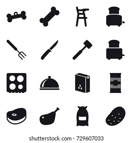 16 vector icon set : bone, Chair for babies, toaster, big fork, knife, meat hammer, flour, potato