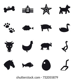 16 vector icon set : bone, starfish, dog, pets, pig, goose, cow, chicken, sheep, horse, fish, egg, scoop