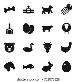16 vector icon set : bone, dog, jellyfish, scoop, cow, sheep, pig, goose, chicken, horse, fish, rabbit, egg
