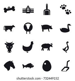 16 vector icon set : bone, scoop, pets, cow, sheep, pig, goose, chicken, horse, fish, egg