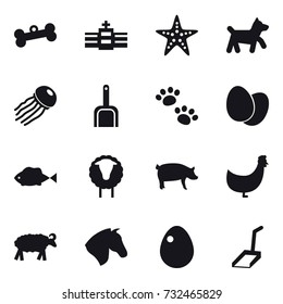 16 vector icon set : bone, starfish, dog, jellyfish, scoop, pets, sheep, pig, chicken, horse, egg
