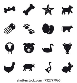 16 vector icon set : bone, starfish, dog, jellyfish, pets, cow, sheep, pig, goose, chicken, rabbit