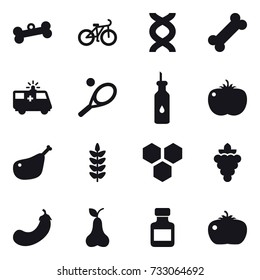 16 vector icon set : bone, bike, tennis, honeycombs, grape, eggplant, pear, pills bottle, tomato