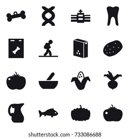 16 vector icon set : bone, tourist, mortar, corn, beet, jug, fish, pumpkin, tomato