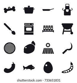 16 vector icon set : bone, pan, apron, big spoon, field, sickle, eggplant, fish, egg, peas