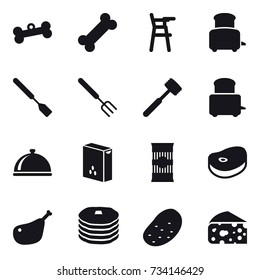 16 vector icon set : bone, Chair for babies, toaster, spatula, big fork, meat hammer, potato, cheese