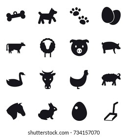 16 vector icon set : bone, dog, pets, cow, sheep, pig, goose, chicken, horse, rabbit, egg, scoop