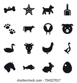 16 vector icon set : bone, starfish, dog, scoop, pets, cow, sheep, pig, goose, chicken, horse, fish, rabbit, egg