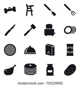 16 vector icon set : bone, Chair for babies, spatula, big fork, knife, meat hammer, flour, potato