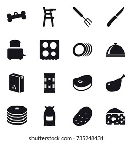 16 vector icon set : bone, Chair for babies, big fork, knife, flour, potato, cheese