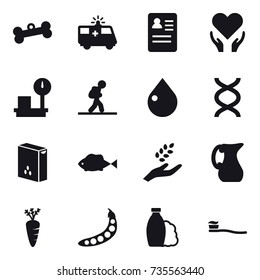 16 vector icon set : bone, tourist, drop, harvest, jug, carrot, peas, shampoo, tooth brush