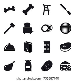 16 vector icon set : bone, Chair for babies, spatula, meat hammer, flour, potato, cheese