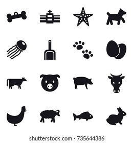 16 vector icon set : bone, starfish, dog, jellyfish, scoop, pets, cow, pig, chicken, sheep, fish, rabbit