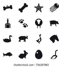 16 vector icon set : bone, starfish, jellyfish, scoop, pets, sheep, pig, goose, horse, fish, rabbit, egg