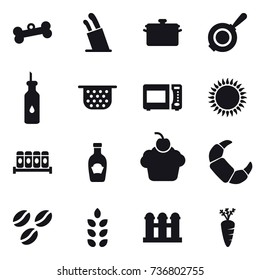 16 vector icon set : bone, stands for knives, pan, colander, coffee seeds, spikelets, grain elevator, carrot
