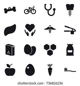 16 vector icon set : bone, bike, garlic clasp, honeycombs, flour, apple, egg, carrot, tooth brush