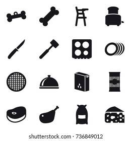 16 vector icon set : bone, Chair for babies, toaster, knife, meat hammer, flour, cheese