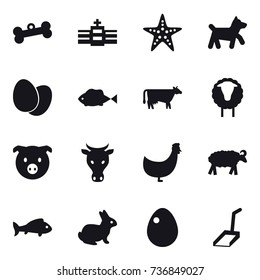 16 vector icon set : bone, starfish, dog, cow, sheep, pig, chicken, fish, rabbit, egg, scoop