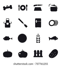 16 vector icon set : bone, cafe, cutting board, steam pan, apron, spatula, spikelets, fish, pumpkin, tomato, grain elevator, potato
