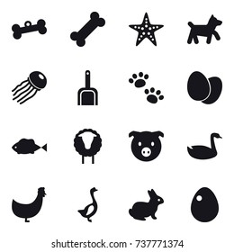 16 vector icon set : bone, starfish, dog, jellyfish, scoop, pets, sheep, pig, goose, chicken, rabbit, egg