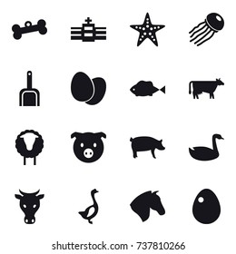 16 vector icon set : bone, starfish, jellyfish, scoop, cow, sheep, pig, goose, horse, egg