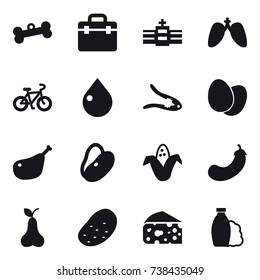 16 vector icon set : bone, bike, drop, walnut crack, corn, eggplant, pear, potato, cheese, shampoo