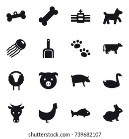 16 vector icon set : bone, dog, jellyfish, scoop, pets, cow, sheep, pig, goose, chicken, fish, rabbit