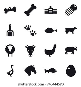 16 vector icon set : bone, jellyfish, scoop, pets, cow, sheep, chicken, goose, horse, fish, egg