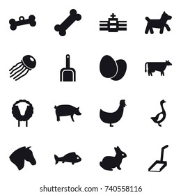 16 vector icon set : bone, dog, jellyfish, scoop, cow, sheep, pig, chicken, goose, horse, fish, rabbit