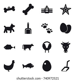 16 vector icon set : bone, starfish, dog, scoop, pets, cow, sheep, chicken, fish, egg