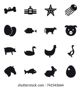 16 vector icon set : bone, starfish, jellyfish, cow, pig, goose, chicken, horse, fish, rabbit, egg