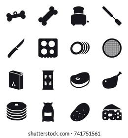 16 vector icon set : bone, toaster, spatula, knife, flour, potato, cheese