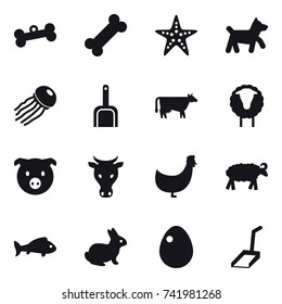 16 vector icon set : bone, starfish, dog, jellyfish, scoop, cow, sheep, pig, chicken, fish, rabbit, egg