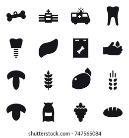 16 vector icon set : bone, spikelets, mushroom, flour, grape, bread