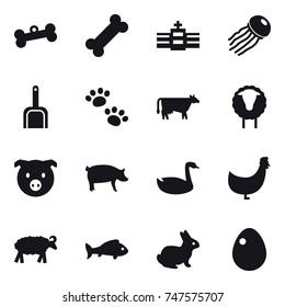 16 vector icon set : bone, jellyfish, scoop, pets, cow, sheep, pig, goose, chicken, fish, rabbit, egg