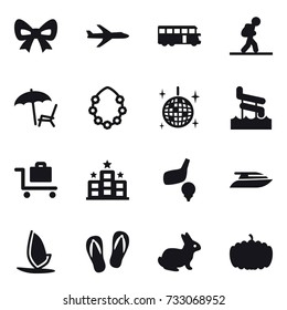 16 vector icon set : bow, plane, bus, tourist, lounger, hawaiian wreath, disco ball, aquapark, baggage trolley, hotel, golf, yacht, windsurfing, flip-flops, rabbit, pumpkin