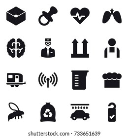 16 vector icon set : box, nipple, trailer, wireless, measuring cup, chef  hat, wasp, garbage bag, car wash, please clean