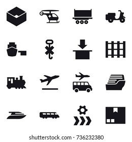 16 vector icon set : box, train, departure, transfer, cruise ship, yacht, package