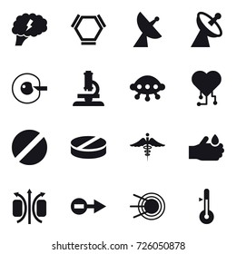 16 vector icon set : brain, hex molecule, satellite antenna, cell corection, microscope, ufo, cardio chip, thermometer