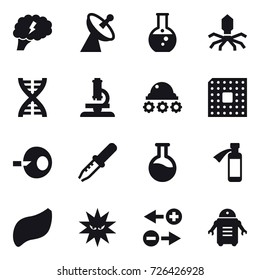 16 vector icon set : brain, satellite antenna, round flask, virus, dna, microscope, lunar rover, cpu