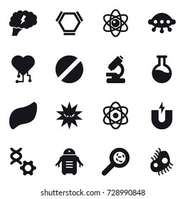 16 vector icon set : brain, hex molecule, atom, ufo, cardio chip, viruses, microb