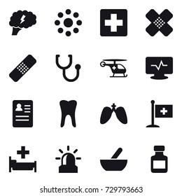 16 vector icon set : brain, round around, hospital, alarm, mortar, pills bottle