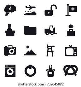 16 vector icon set : brain, weather management, unlock, baggage, camera, landscape, Chair for babies, tv, washing machine, apron