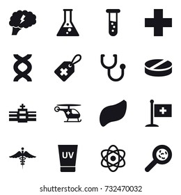 16 vector icon set : brain, flask, vial, uv cream, viruses